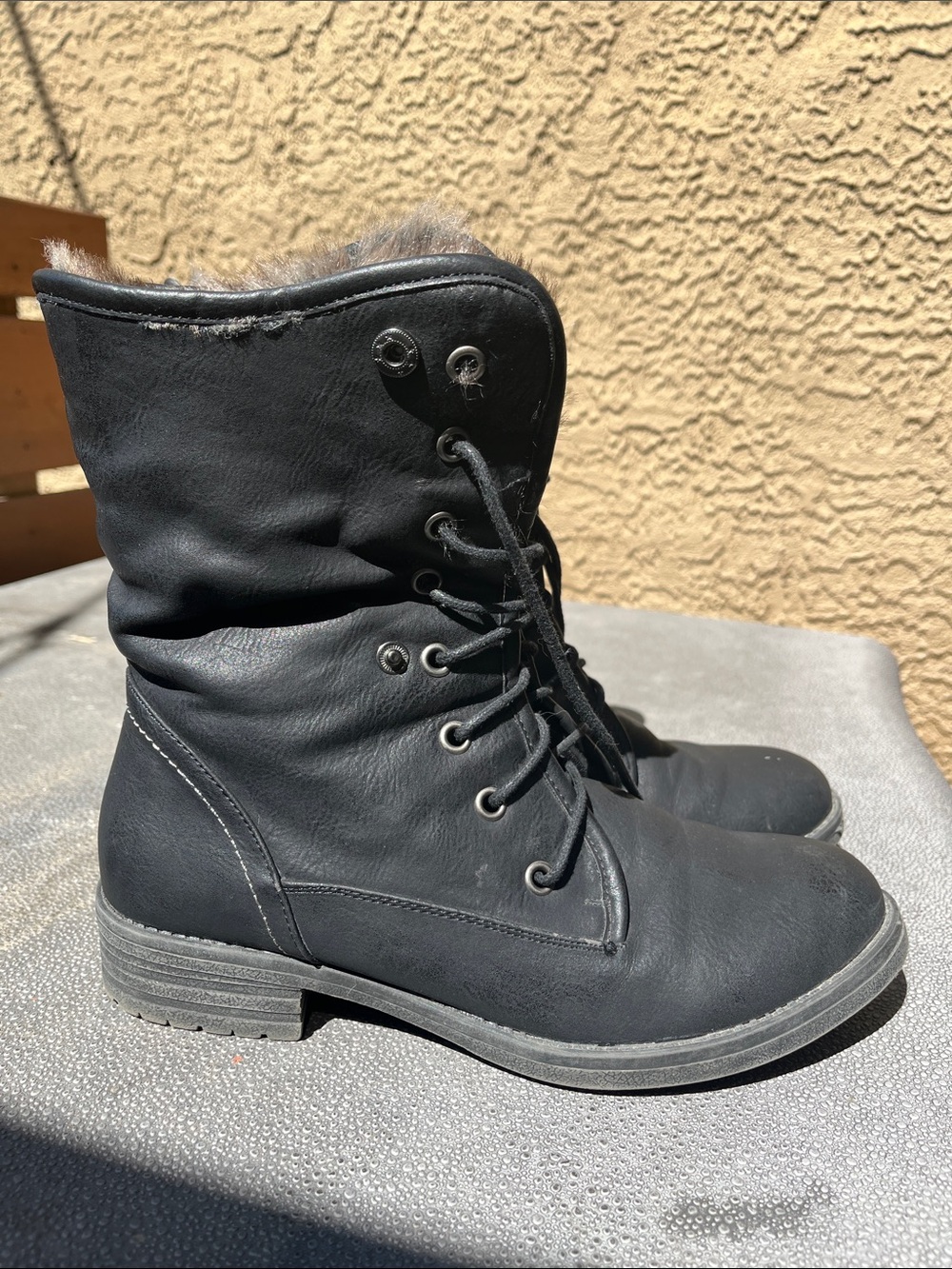 Black Lace-Up Women's Ankle Boots with Faux Fur Trim